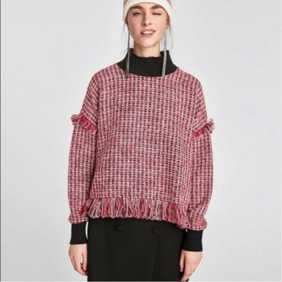 Zara Red Fringe Trim Tweed Sweater - Picture 1 of 7